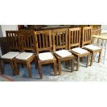 SET OF SIX MODERN STAINED TEAK HIGH BACK KITCHEN CHAIRS with loose cushion seats together with pair