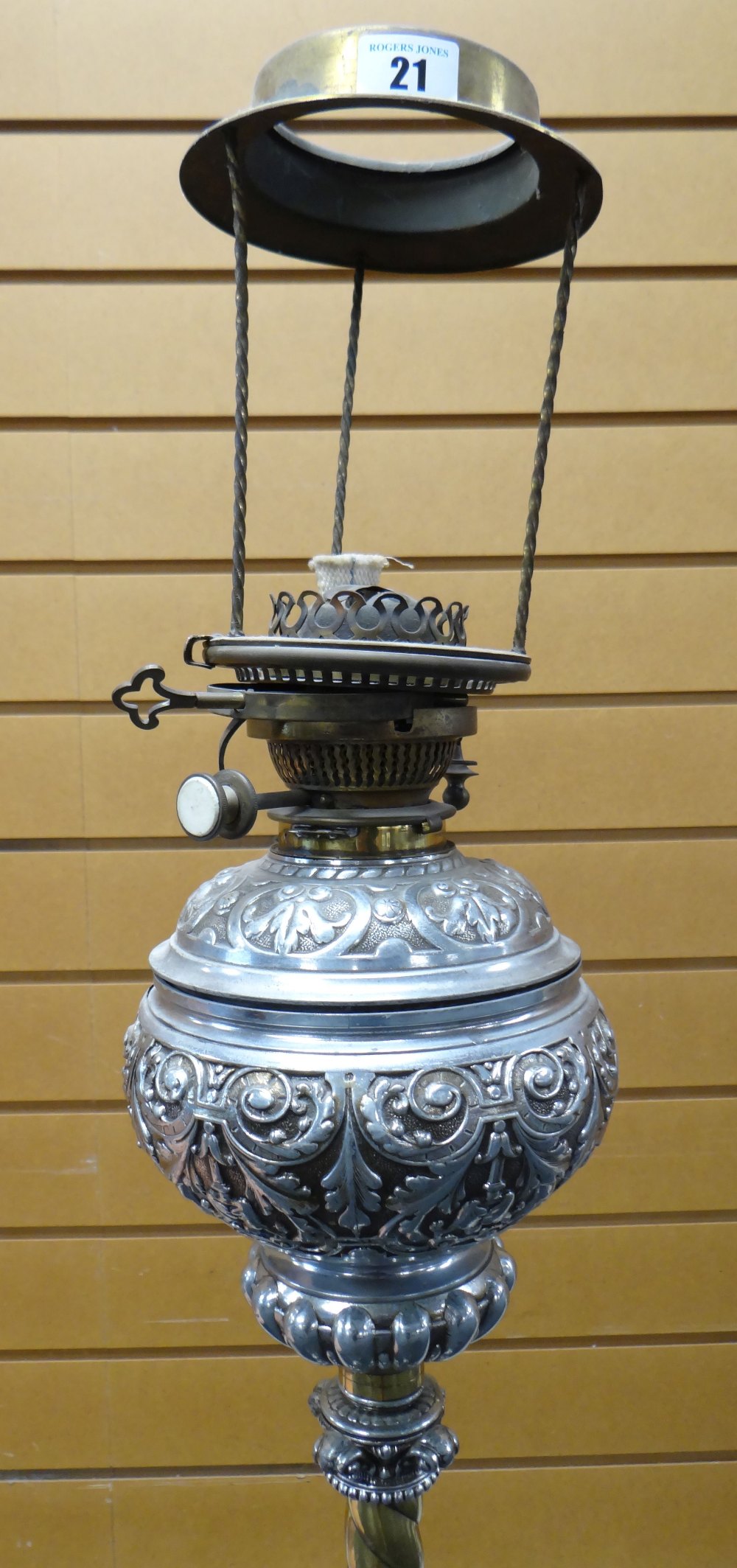 HIGHLY ORNATE METAL OIL LAMP STANDARD with scroll and foliate tripod feet, the column with brass and - Image 3 of 3