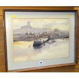 GORDON HALES watercolour - an English port town, possibly Whitby, with jetty, boats and castle tower