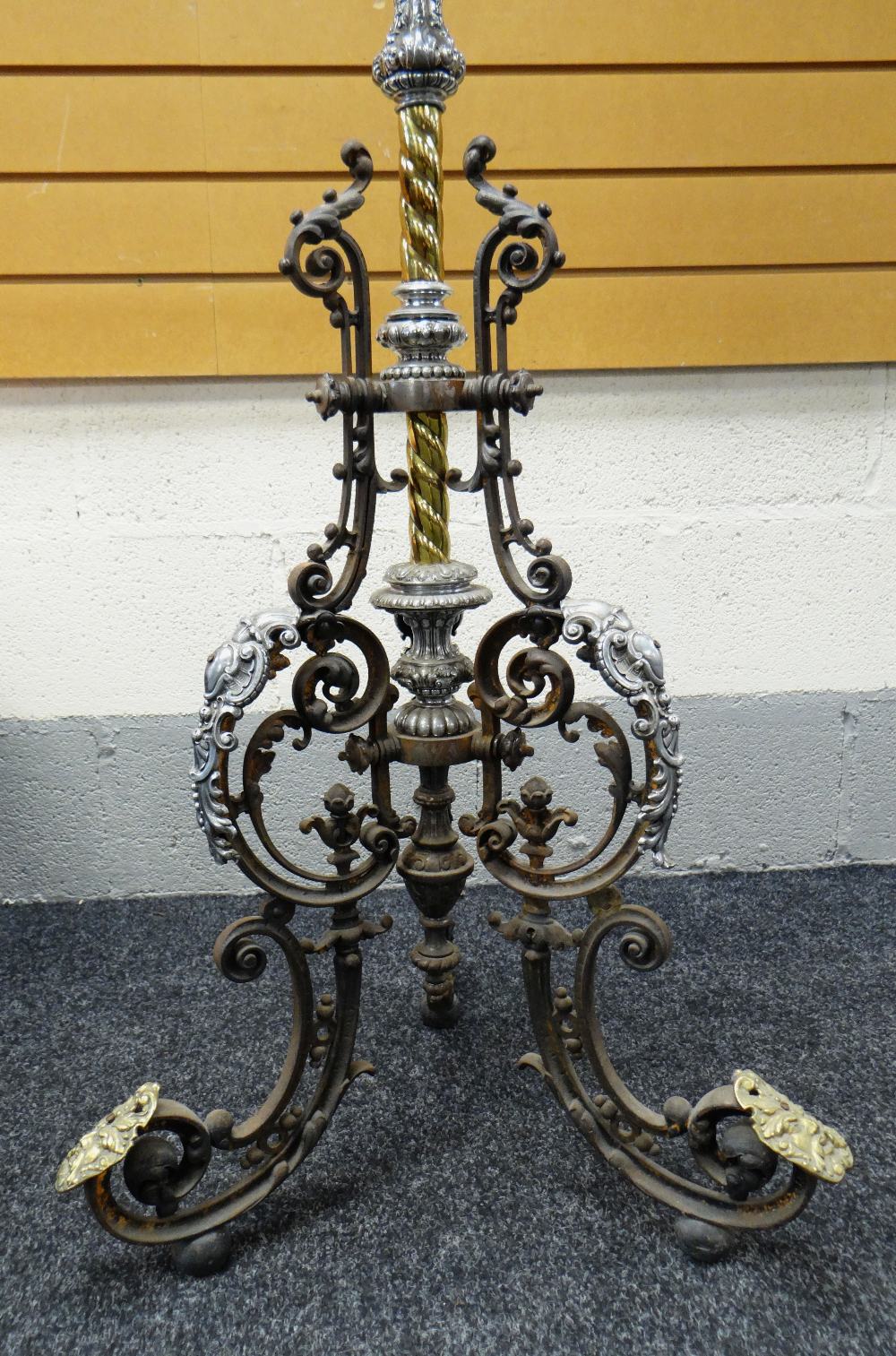 HIGHLY ORNATE METAL OIL LAMP STANDARD with scroll and foliate tripod feet, the column with brass and - Image 2 of 3