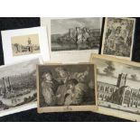 VARIOUS ANTIQUE UNCOLOURED ETCHINGS of academic interest and including after Hackert, coloured