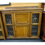 VINTAGE OAK SEMI-GLAZED BUREAU BOOKCASE with carved and bead decoration and rail back (no keys),