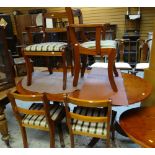 REPRODUCTION YEW WOOD TWIN PEDESTAL OVAL DINING TABLE together with six (2+4) matching chairs wit