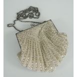 VINTAGE WHITE METAL FRAMED & BEADWORK OYSTER PURSE with white metal chain strap