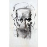 WILL ROBERTS charcoal - self portrait with distortion, signed and dated '89, 39 x 24cms