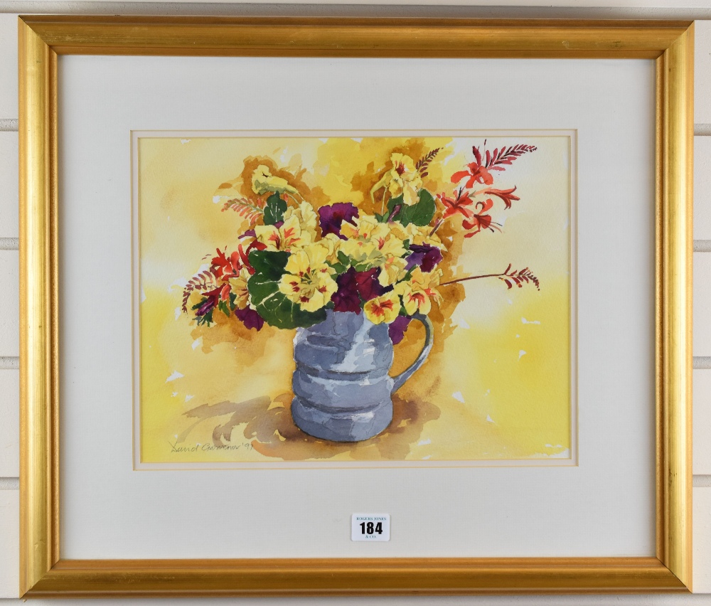 DAVID GROSVENOR watercolour - still life of flowers in a jug, entitled verso 'Nasturtiums', signed - Image 2 of 2