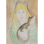 ATTRIBUTED TO GWEN JOHN watercolour and pencil - portrait of a girl holding cat, signed, 15 x 11cms