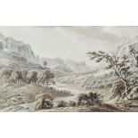 AMOS GREEN (1735-1807) sepia watercolour - entitled verso 'Llanrwst Vale on the Road to