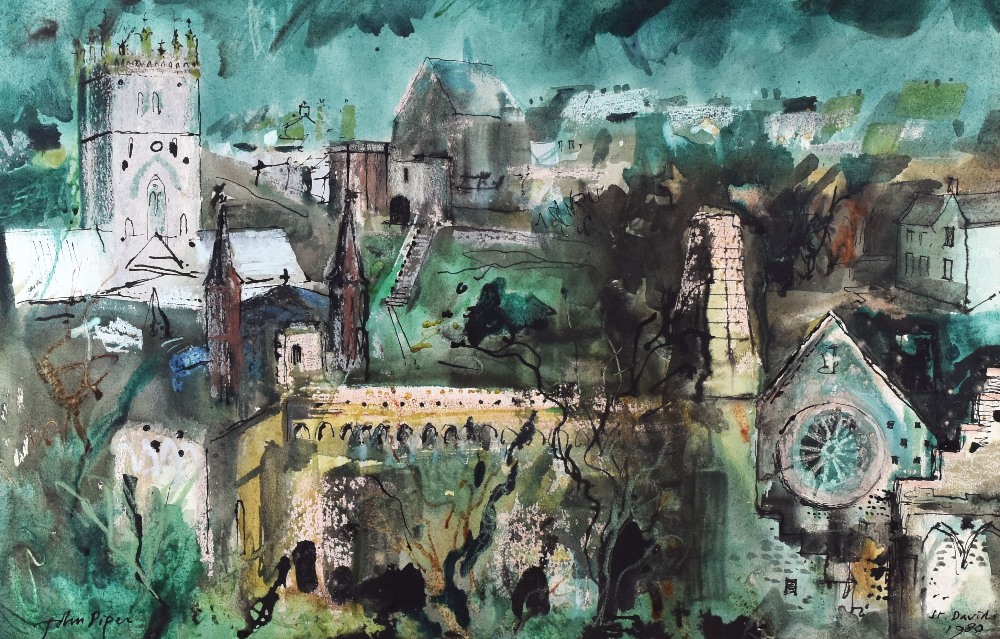 JOHN PIPER ink, watercolour and gouache on paper - St. David's Cathedral and surrounding