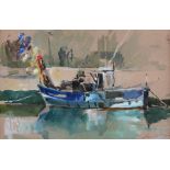JANE CORSELLIS watercolour - boat tied up on quayside with figures and entitled verso 'Blue