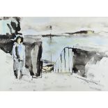 WILL ROBERTS watercolour - female standing at top of steps overlooking harbour, entitled 'Topsham,