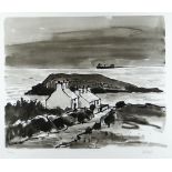 SIR KYFFIN WILLIAMS RA artist's proof (11/15) inkwash print - sea and land with two cottages, rocky