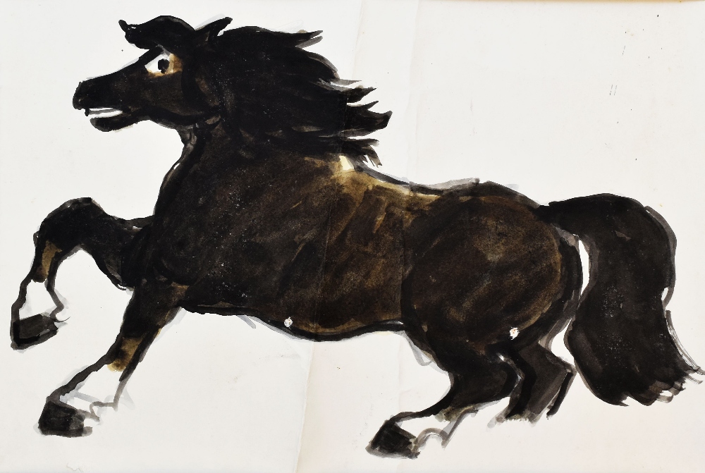 SIR KYFFIN WILLIAMS RA preliminary colourwash study - a scruffy prancing horse with typical wild-