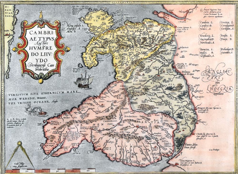 HUMPHREY LLWYD coloured and tinted map - Wales entitled 'Cambriae Typus', circa 1636-1642, 37.5 x