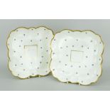 PAIR OF SWANSEA PORCELAIN CORNFLOWER PATTERN SQUARE DISHES of fluted form with gilt rims, 23 x