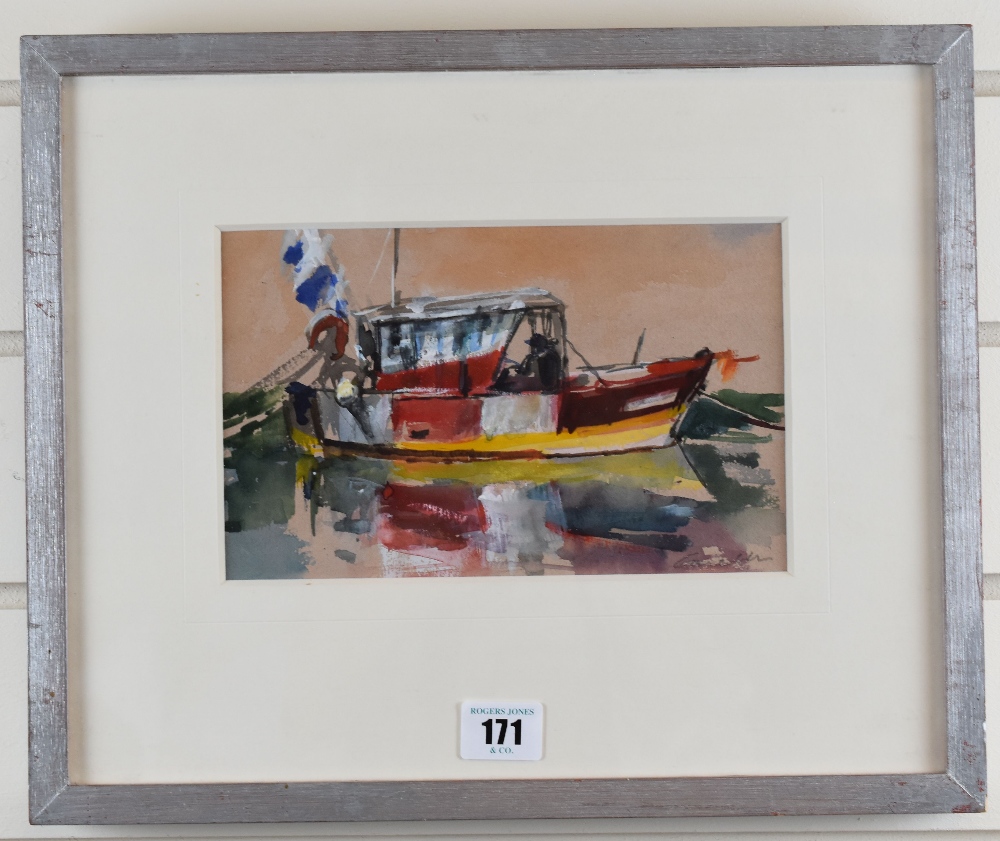 JANE CORSELLIS watercolour - figure with sailing boat, entitled verso 'Red Lobster Boat', signed - Image 2 of 2