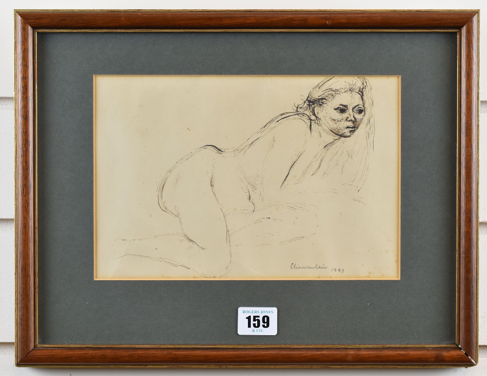 BRENDA CHAMBERLAIN sepia colour wash study - of a crouching nude lady, signed and dated 1943, 16 x - Image 2 of 2