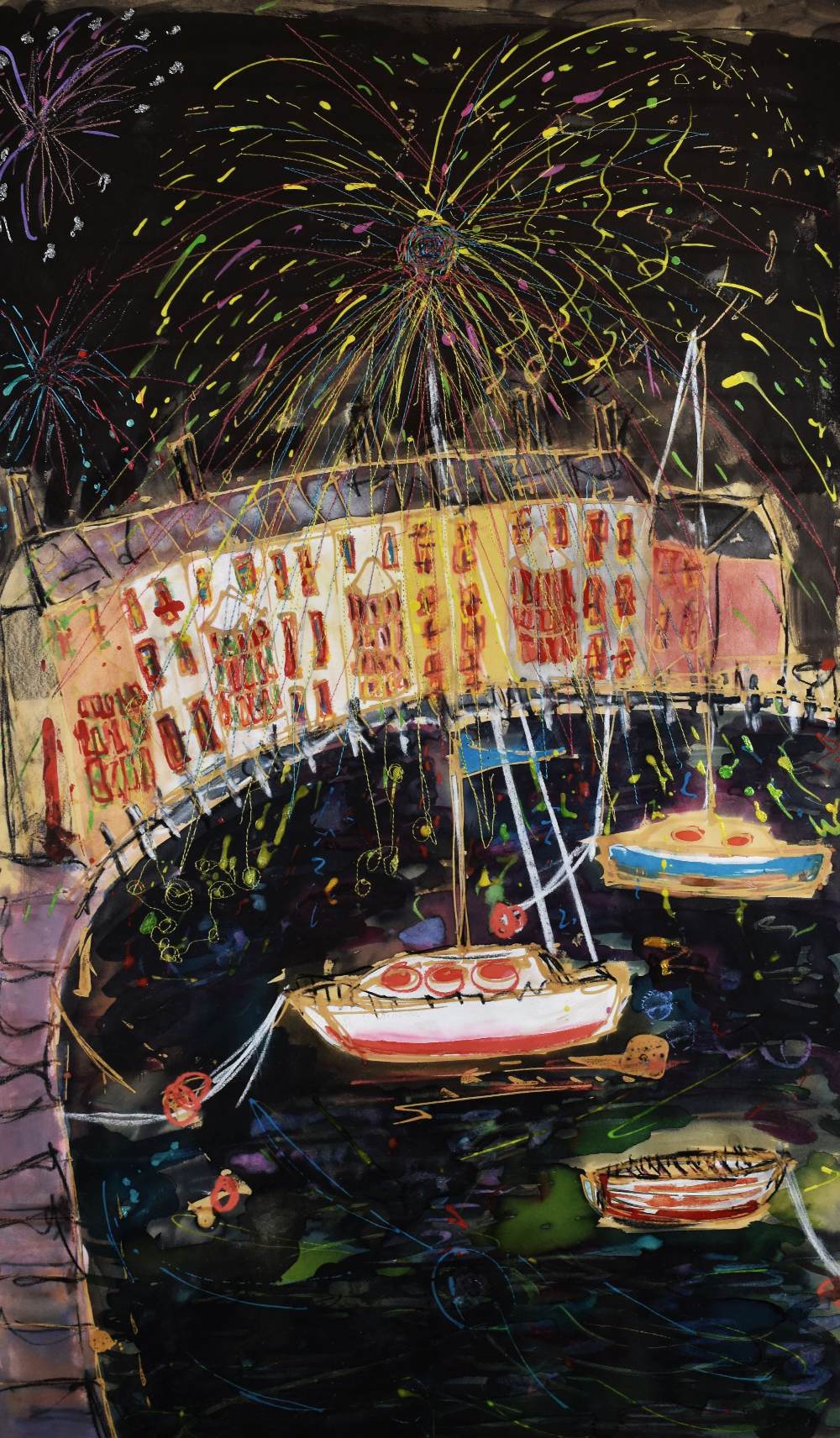 ANNA PRITCHARD watercolour - a firework scene in Beaumaris, Anglesey, title label verso 'Guto Ffowcs