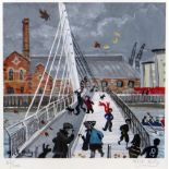 NICK HOLLY limited edition (62/100) colour print - Swansea with figures on a blustery day, signed,