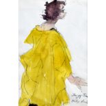 PHILIP MUIRDEN watercolour and pencil - single female figure wearing long yellow robe, entitled '