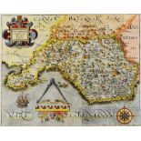 CHRISTOPHER SAXTON coloured and tinted antiquarian map - 'Glamorgan' with cartouche, decorative