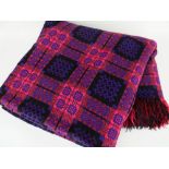 GOOD WELSH WOOLLEN BLANKET in pink, purple and black traditional geometric pattern, fringed, 222 x