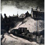 GEORGE CHAPMAN artist's proof coloured etching - South Wales valley street with figures and pigeon