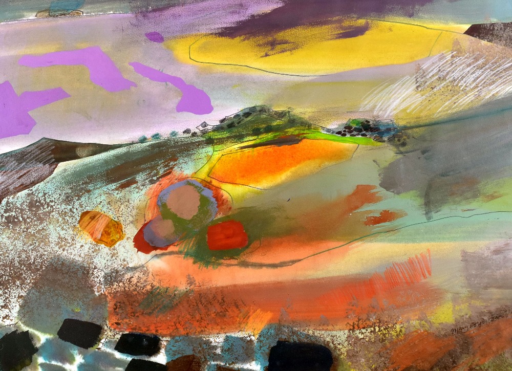 MARY LLOYD JONES watercolour - colourful landscape, entitled verso 'Dartmoor II 1978', signed and