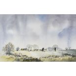 DAVID BELLAMY watercolour - landscape with farm and trees, signed, 30 x 47cms