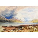 DAVID COX JR watercolour - expansive stormy scene over Bala lake of four figures drawing in their