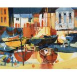 MOIRA HUNTLEY watercolour - harbour scene, entitled verso 'Abersoch Boats' on Red Rag Gallery
