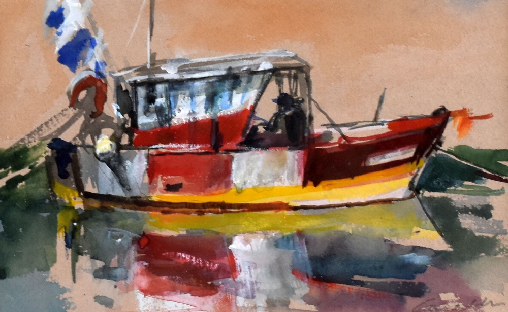 JANE CORSELLIS watercolour - figure with sailing boat, entitled verso 'Red Lobster Boat', signed