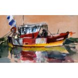 JANE CORSELLIS watercolour - figure with sailing boat, entitled verso 'Red Lobster Boat', signed