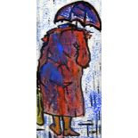 KAREL LEK inkwash - standing figure with umbrella, entitled verso 'Rain in Beaumaris', signed, 25