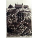 SIR KYFFIN WILLIAMS RA inkwash print - farmer with bucket in hand led by his dog down a path from