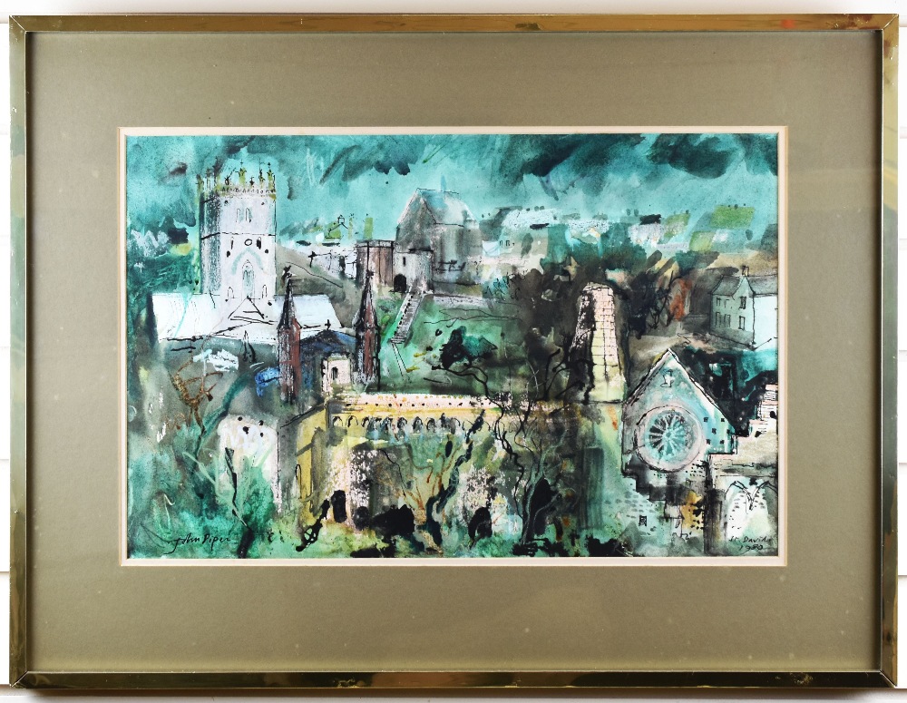 JOHN PIPER ink, watercolour and gouache on paper - St. David's Cathedral and surrounding - Image 2 of 2