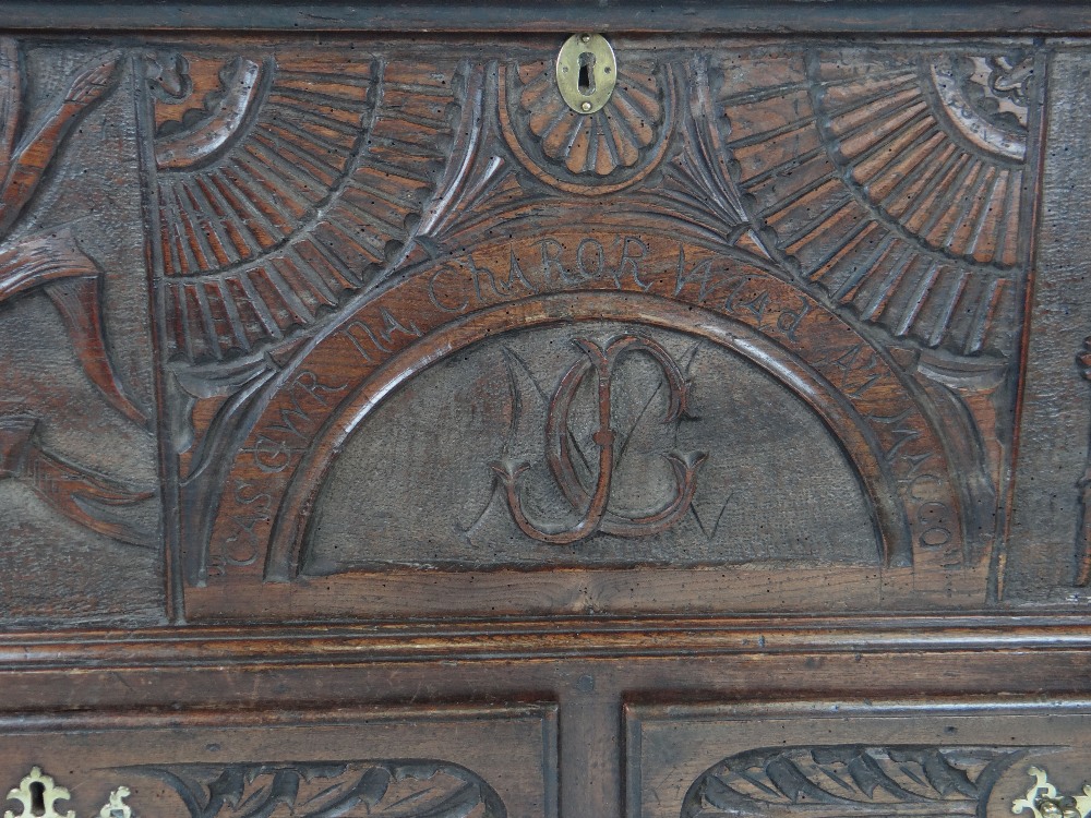 AN INTERESTING 19TH CENTURY WELSH OAK CARVED COFFER CHEST on bracket feet with two base drawers - Bild 2 aus 5