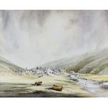 DAVID BELLAMY watercolour - estuary with houses and boats, signed, 41 x 50.5cms