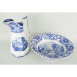 LLANELLY POTTERY 'MILAN' JUG & BASIN with Italianate landscape transfer, the bowl of flared form,