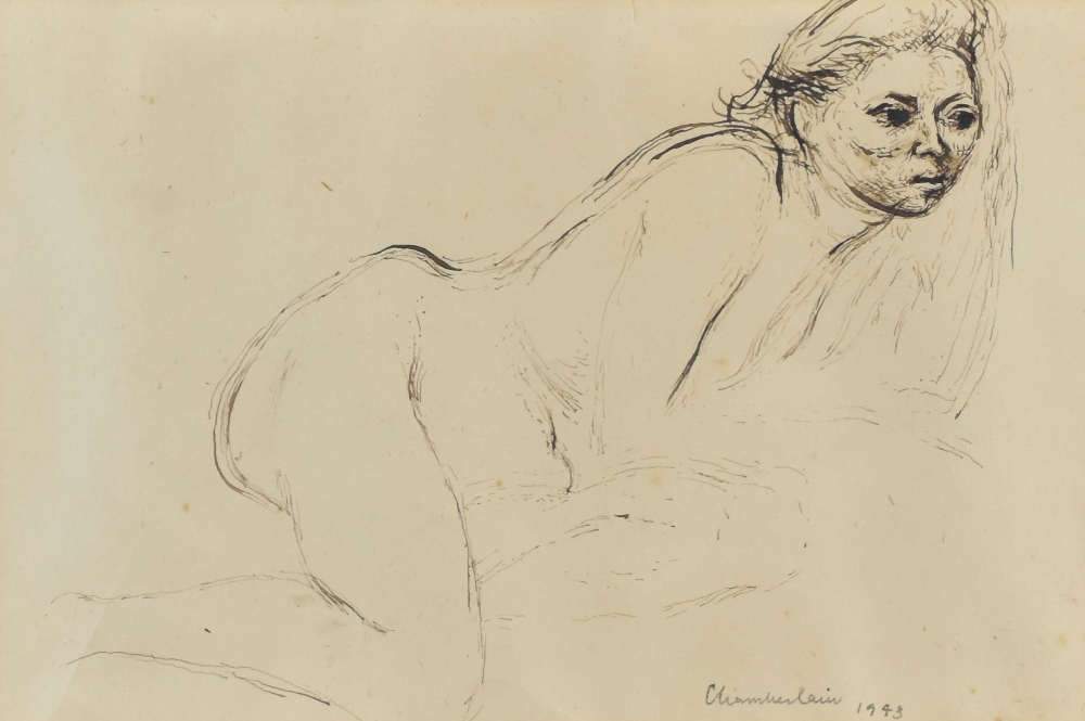 BRENDA CHAMBERLAIN sepia colour wash study - of a crouching nude lady, signed and dated 1943, 16 x