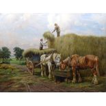 WRIGHT BARKER oil on canvas - farming scene, loading the haystack, signed, 92 x 120cms