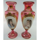 PAIR OF BOHEMIAN RUBY OVERLAY GLASS VASES of baluster form, spreading circular feet, overlaid in