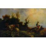 FOLLOWER OF NICOLAES BERGHEM oil on board - two huntsmen and dog peering over a ridge with two