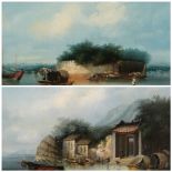 NINETEENTH CENTURY CANTON EXPORT SCHOOL oil on canvas, a pair - Pearl River fort with boats and