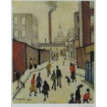 LAURENCE STEPHEN LOWRY (1887-1976) guild stamped print - figures walking on a street with distant