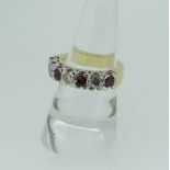 YELLOW AND WHITE METAL SIX STONE DIAMOND AND RUBY RING, the three diamonds approximately 0.45cts