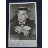 BUSTER KEATON (1895 - 1966) AUTOGRAPHED BLACK & WHITE PHOTO CARD the actor late in life wearing