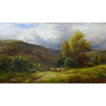 GEORGE TURNER oil on canvas - farmer driving flock, entitled 'Changing Pastures', signed, dated