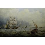 BRITISH MARITIME SCHOOL watercolour - three-master in full sail with other ships at sea, unsigned,