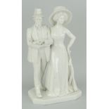 GERMAN BLANC DE CHINE PORCELAIN MODEL OF COMPANIONS AT A RACE-MEETING standing in formal attire with